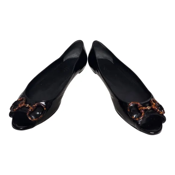 Gucci Black Patent Leather Horsebit Peep Toe Flats