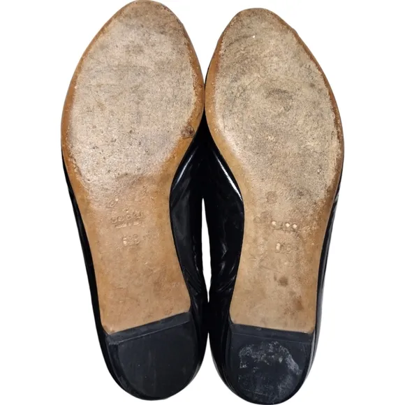Gucci Black Patent Leather Horsebit Peep Toe Flats