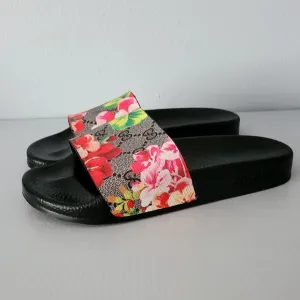 Gucci Blooms Supreme Floral Canvas GG Slide Sandals 7/8