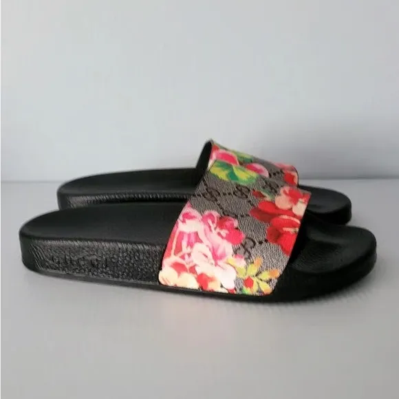 Gucci Blooms Supreme Floral Canvas GG Slide Sandals