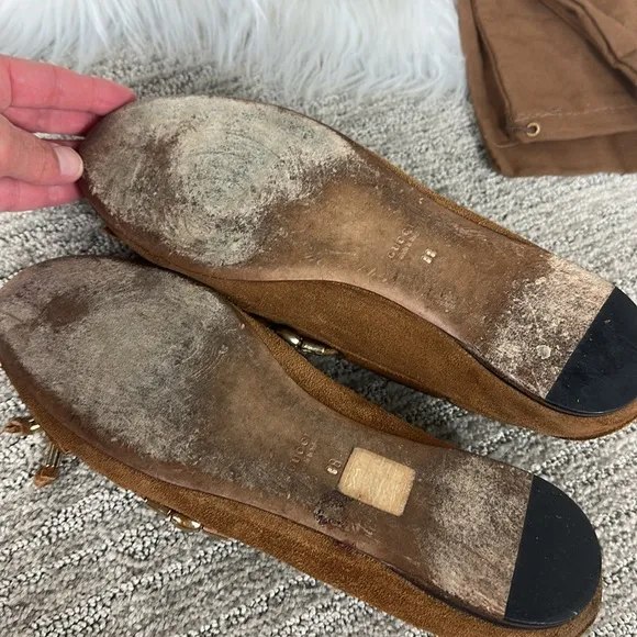 Gucci Brown Suede Moccasin Ballet Flat Gold Tassle Loafer Shoes 8