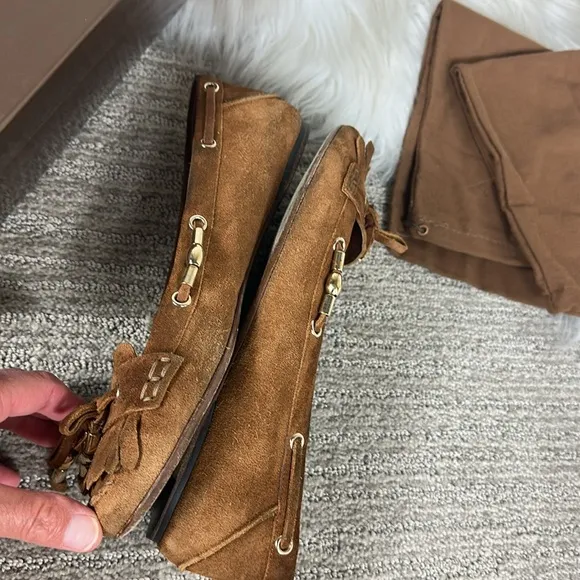 Gucci Brown Suede Moccasin Ballet Flat Gold Tassle Loafer Shoes 8