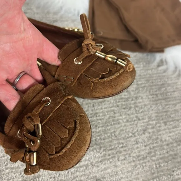 Gucci Brown Suede Moccasin Ballet Flat Gold Tassle Loafer Shoes 8