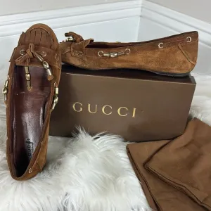 Gucci Brown Suede Moccasin Ballet Flat Gold Tassle Loafer Shoes 8