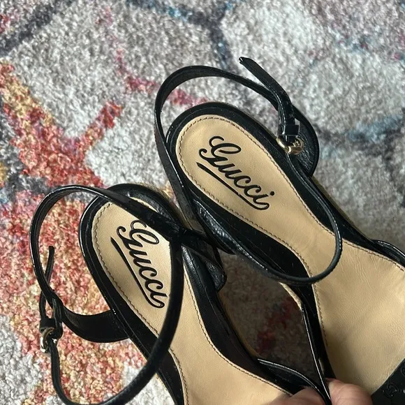 GUCCI GG Microguccissima Black Patent Leather Espadrille Wedges - 41.5