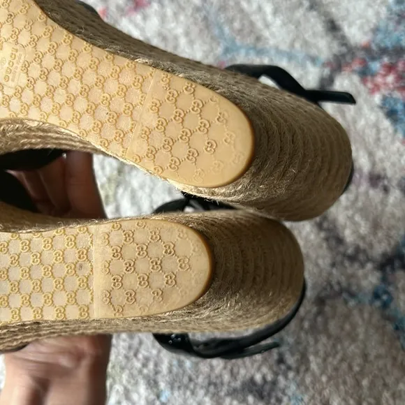 GUCCI GG Microguccissima Black Patent Leather Espadrille Wedges - 41.5