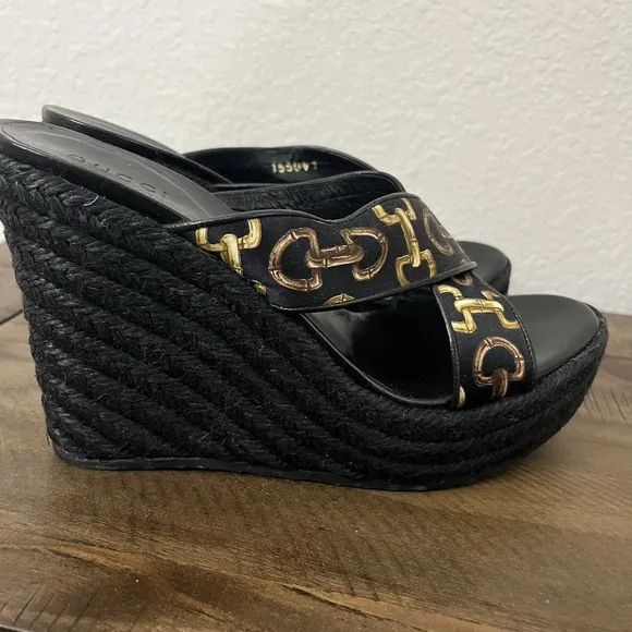 Gucci Horsebit Espadrille Black Wedges Size 5.5 155041