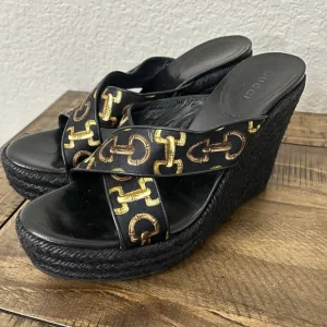Gucci Horsebit Espadrille Black Wedges Size 5.5 155041
