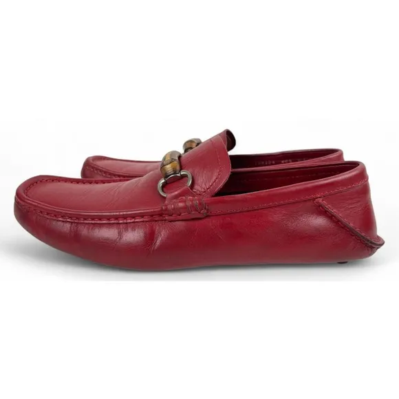 Gucci Loafers Womens 40.5 US 10.5 Red Leather Bamboo Horsebit Shoes Flats Luxury