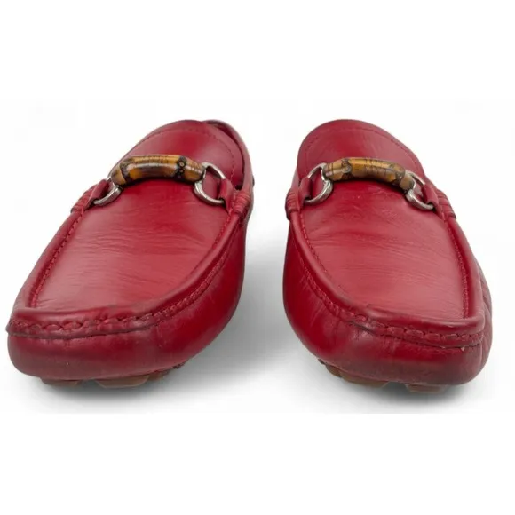 Gucci Loafers Womens 40.5 US 10.5 Red Leather Bamboo Horsebit Shoes Flats Luxury
