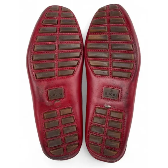 Gucci Loafers Womens 40.5 US 10.5 Red Leather Bamboo Horsebit Shoes Flats Luxury
