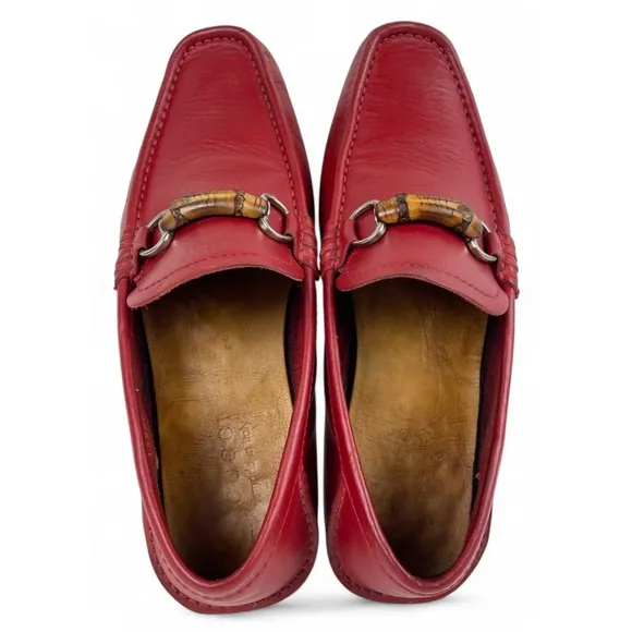Gucci Loafers Womens 40.5 US 10.5 Red Leather Bamboo Horsebit Shoes Flats Luxury