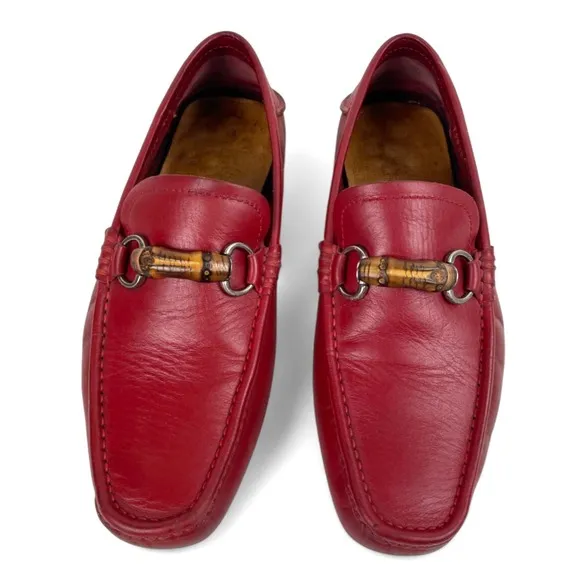 Gucci Loafers Womens 40.5 US 10.5 Red Leather Bamboo Horsebit Shoes Flats Luxury