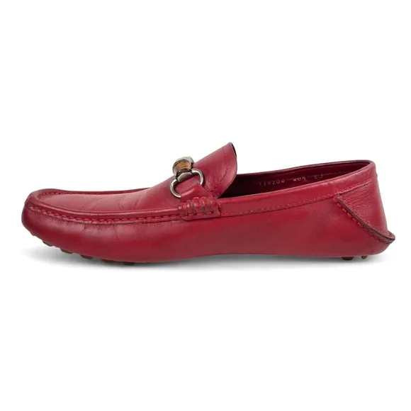 Gucci Loafers Womens 40.5 US 10.5 Red Leather Bamboo Horsebit Shoes Flats Luxury