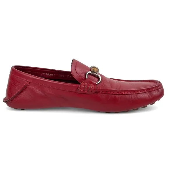 Gucci Loafers Womens 40.5 US 10.5 Red Leather Bamboo Horsebit Shoes Flats Luxury