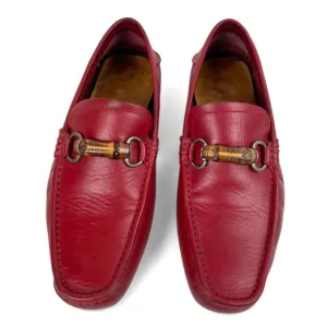 Gucci Loafers Womens 40.5 US 10.5 Red Leather Bamboo Horsebit Shoes Flats Luxury