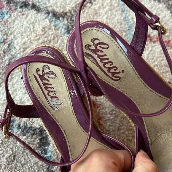 GUCCI Microguccissima GG Purple Patent Leather Espadrille Wedges - 37