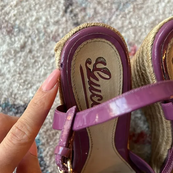 GUCCI Microguccissima GG Purple Patent Leather Espadrille Wedges - 37
