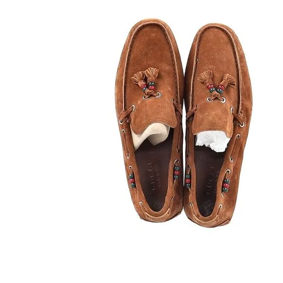 Gucci Tassel Detail Moccasins in Brown Suede