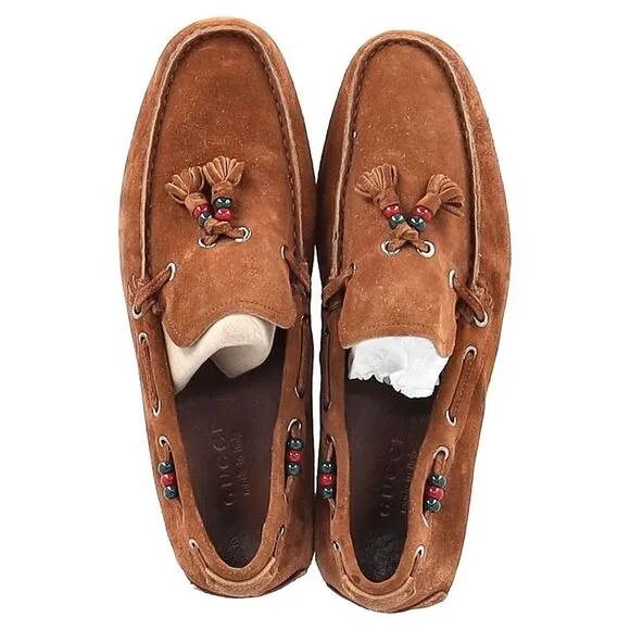 Gucci Tassel Detail Moccasins in Brown Suede