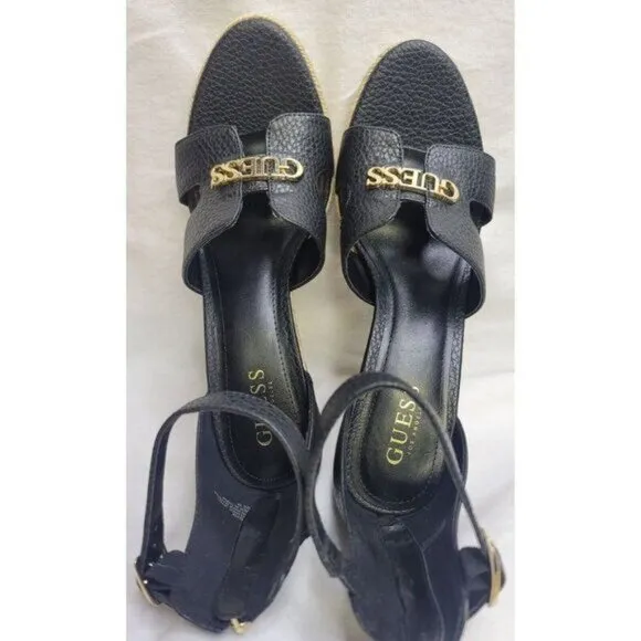 Guess Jessi Espadrille Wedges Black 10M Polished Gold Logo Back Zipper NWB