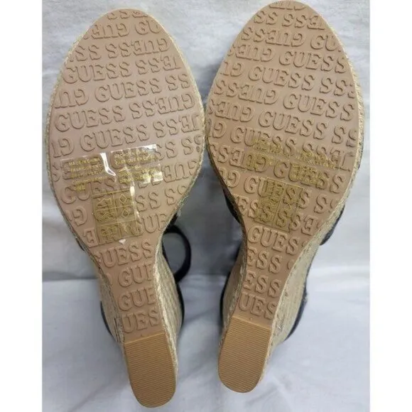 Guess Jessi Espadrille Wedges Black 10M Polished Gold Logo Back Zipper NWB