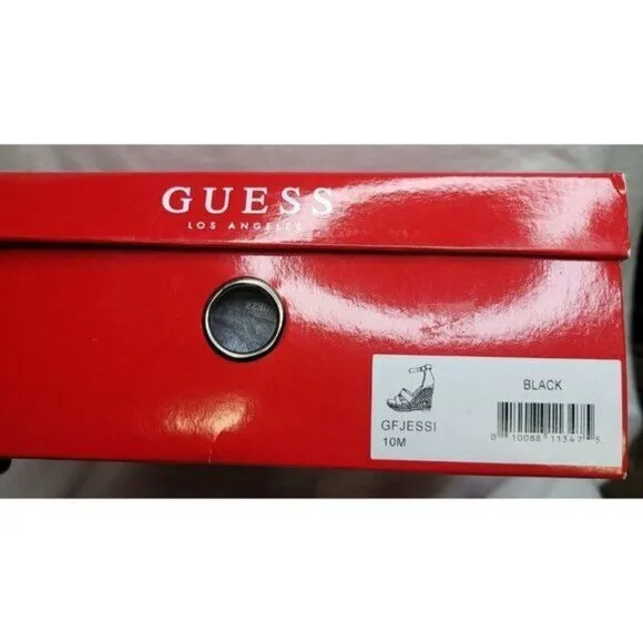 Guess Jessi Espadrille Wedges Black 10M Polished Gold Logo Back Zipper NWB