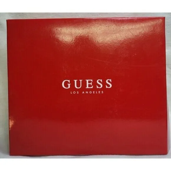 Guess Jessi Espadrille Wedges Black 10M Polished Gold Logo Back Zipper NWB