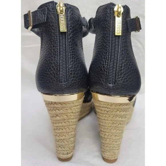 Guess Jessi Espadrille Wedges Black 10M Polished Gold Logo Back Zipper NWB
