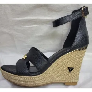Guess Jessi Espadrille Wedges Black 10M Polished Gold Logo Back Zipper NWB