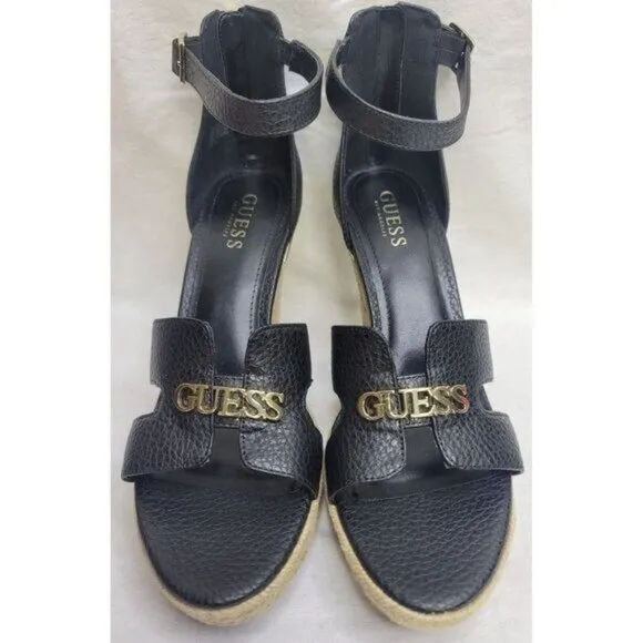 Guess Jessi Espadrille Wedges Black 10M Polished Gold Logo Back Zipper NWB