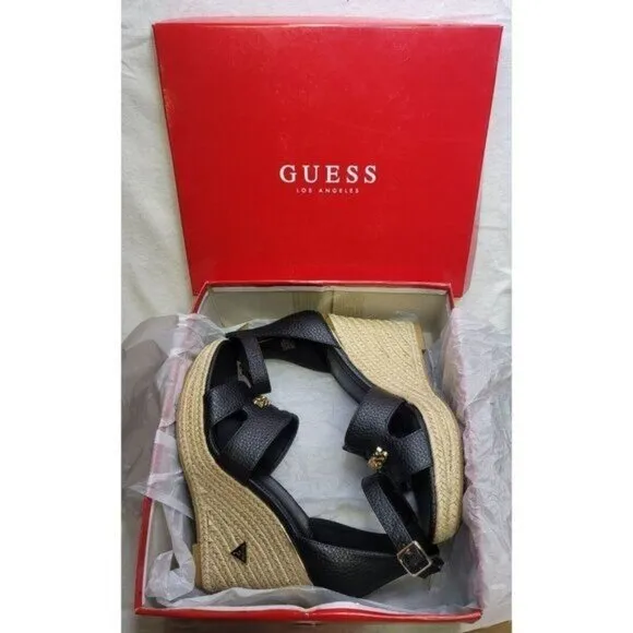 Guess Jessi Espadrille Wedges Black 10M Polished Gold Logo Back Zipper NWB
