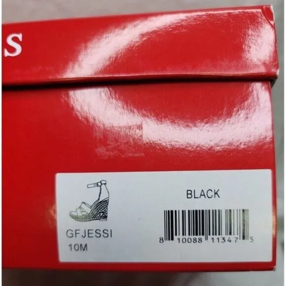 Guess Jessi Espadrille Wedges Black 10M Polished Gold Logo Back Zipper NWB