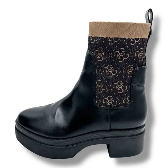 GUESS Women's Keanna Knit Detail Pull-On Lug Sole Faux Leather Chelsea Boots 8.5