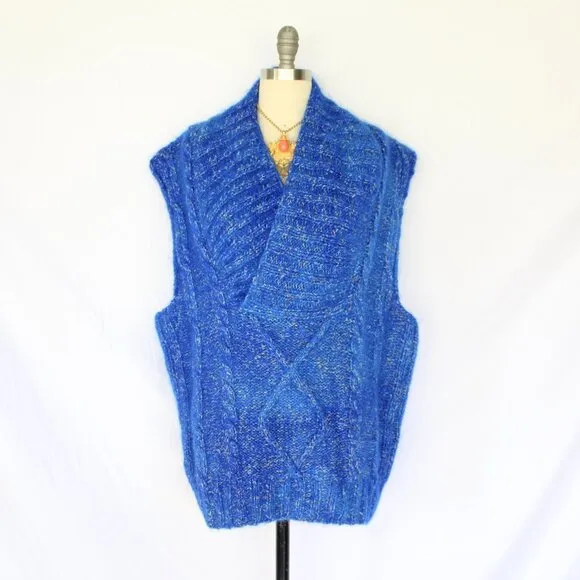 Hand crafted knit wool mohair teddy bear blue sweater vest fisherman Mr. Mittens