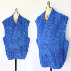 Hand crafted knit wool mohair teddy bear blue sweater vest fisherman Mr. Mittens
