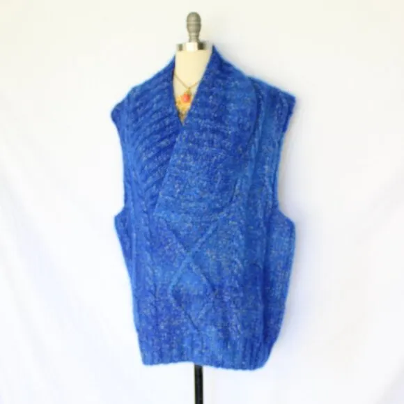Hand crafted knit wool mohair teddy bear blue sweater vest fisherman Mr. Mittens