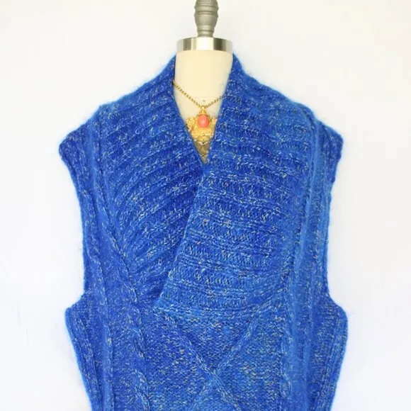 Hand crafted knit wool mohair teddy bear blue sweater vest fisherman Mr. Mittens