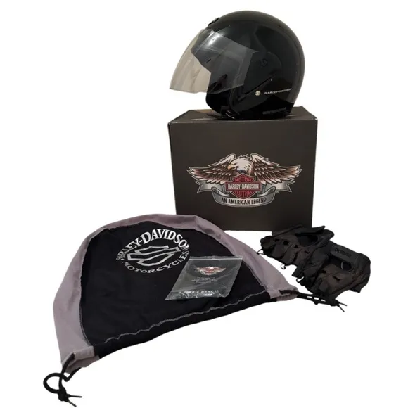 Harley Davidson Helmet Motorcycle Jet Gloss Black Moto Biker Gloves Size XXL
