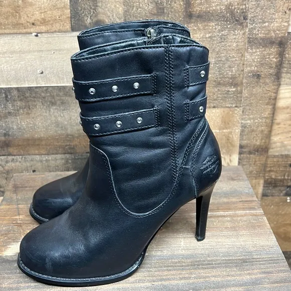 Harley Davidson Lindley Heeled‎ Ankle Boots Black Genuine Leather Women's Size 9