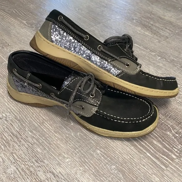 Highland Creek Black Silver Glittery Leather Boat Shoes Topsiders Like New