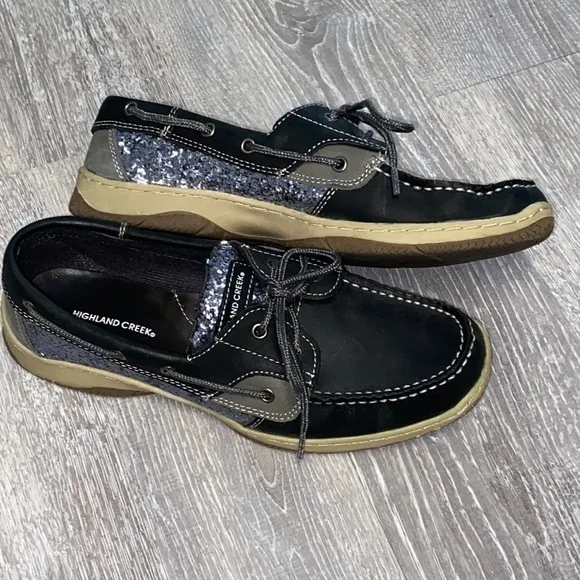 Highland Creek Black Silver Glittery Leather Boat Shoes Topsiders Like New