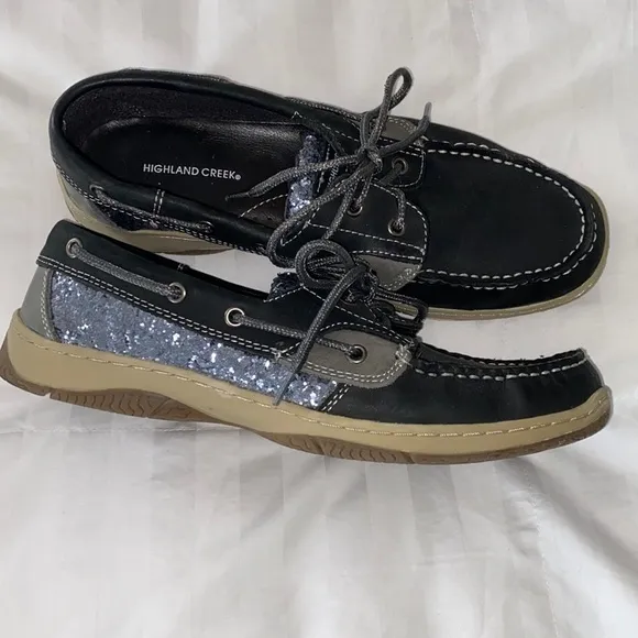Highland Creek Black Silver Glittery Leather Boat Shoes Topsiders Like New