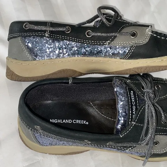 Highland Creek Black Silver Glittery Leather Boat Shoes Topsiders Like New