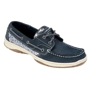 Highland Creek Black Silver Glittery Leather Boat Shoes Topsiders Like New