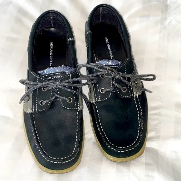 Highland Creek Black Silver Glittery Leather Boat Shoes Topsiders Like New