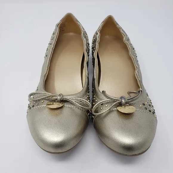 HOGAN Italian Leather Gold Studded Ballerina Flats