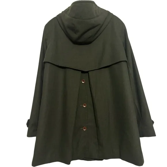 Hooded Peacoat Wool Dark Moss Olive Green Zipper Front Womens Size XXL