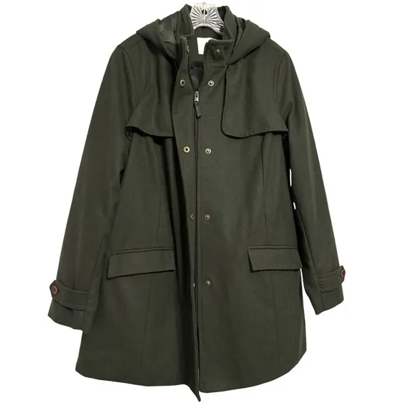 Hooded Peacoat Wool Dark Moss Olive Green Zipper Front Womens Size XXL