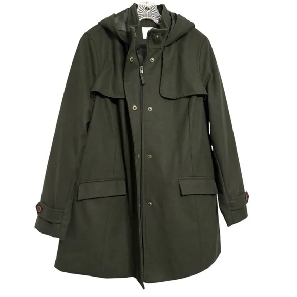 Hooded Peacoat Wool Dark Moss Olive Green Zipper Front Womens Size XXL